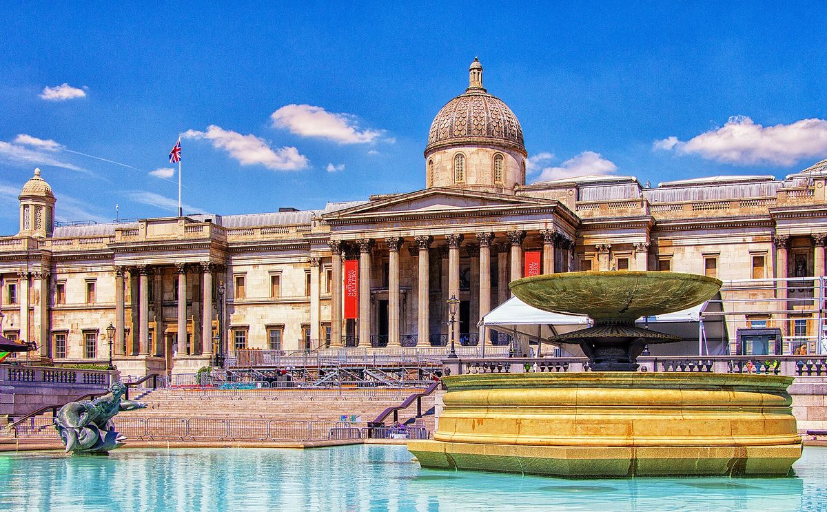 The National Gallery's portico above Trafalgar Square and its fountains